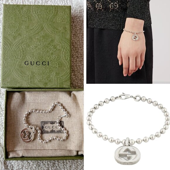 Gucci Interlocking GG Logo Sterling Silver Bracelet 8.3 Inch - New Authentic - Picture 1 of 5